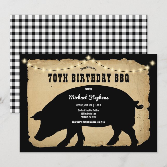 Rustic Country Hog 70th Birthday Barbeque - BBQ Invitation (Front/Back)