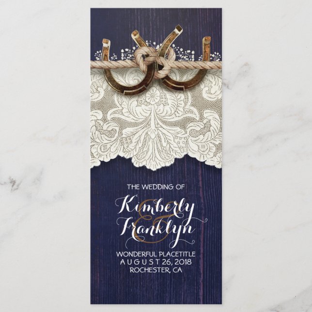 Rustic Country Horseshoe Lace Navy Wedding Program (Front)