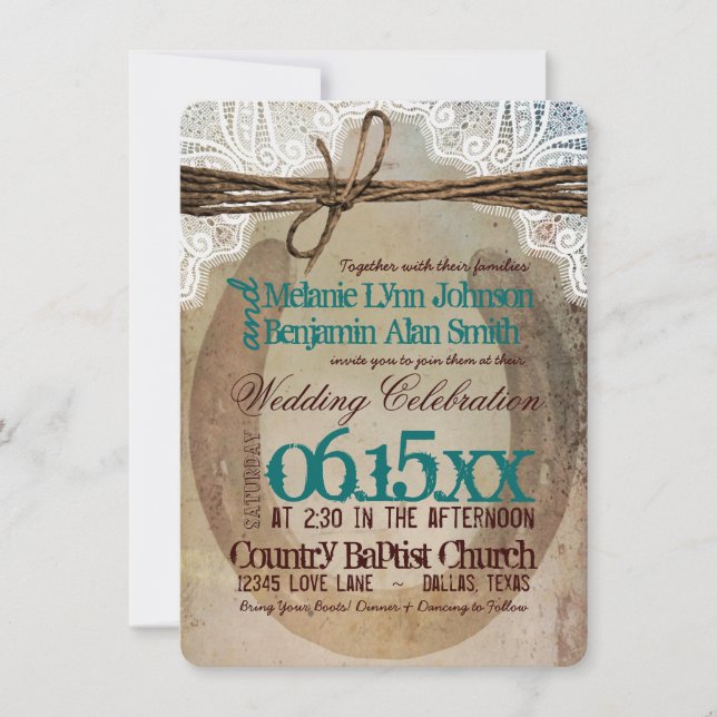 Rustic Country Horseshoe Teal Wedding Invitations (Front)