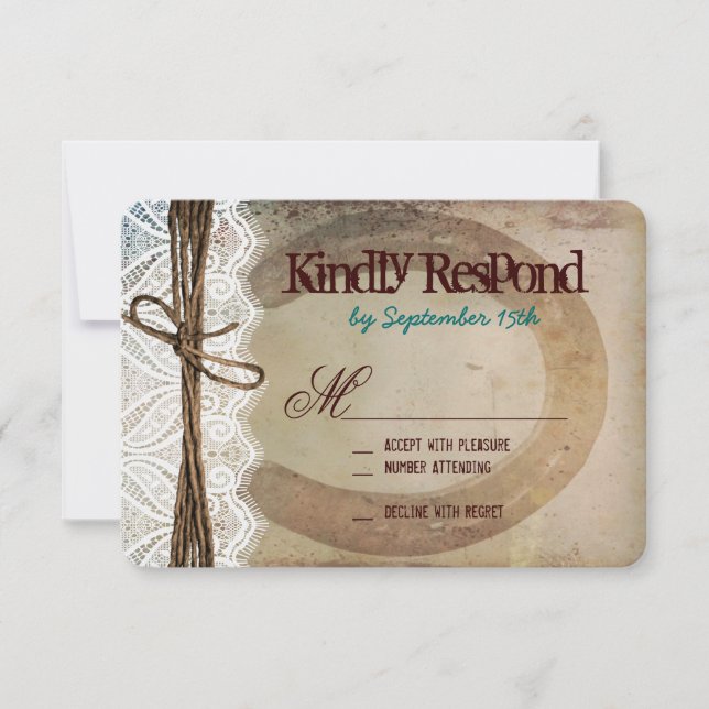 Rustic Country Horseshoe Teal Wedding RSVP Cards (Front)