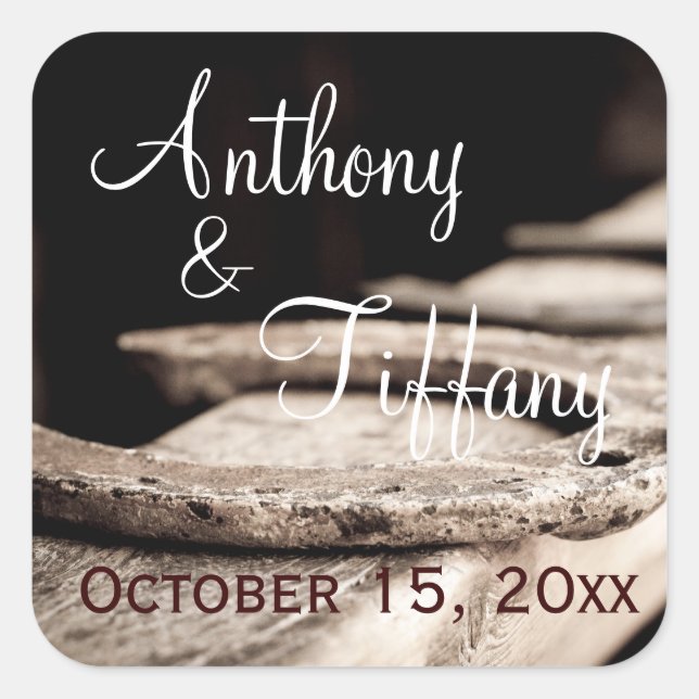 Rustic Country Horseshoes Cowboy Wedding Favour Sq Square Sticker (Front)