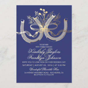 Rustic Country Horseshoes Gold and Navy Wedding Invitation