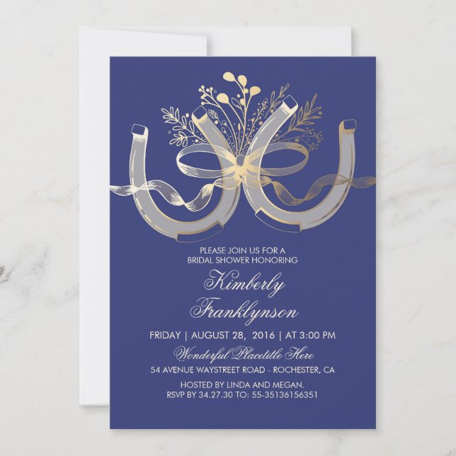 Rustic Country Horseshoes Gold Navy Bridal Shower Invitation (Front)