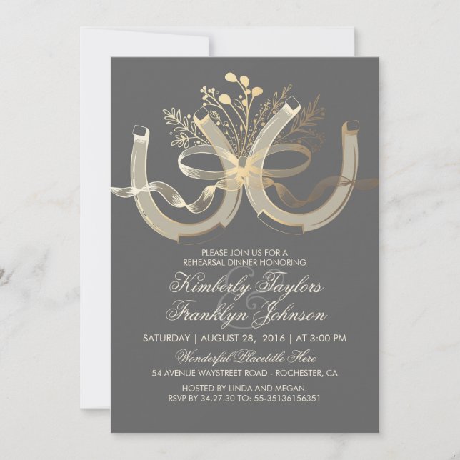 Rustic Country Horseshoes Gold Rehearsal Dinner Invitation (Front)