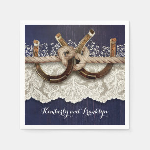 Rustic Country Horseshoes Lace Wood Navy Wedding Napkin