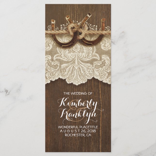 Rustic Country Horseshoes LaceWood Wedding Program (Front)