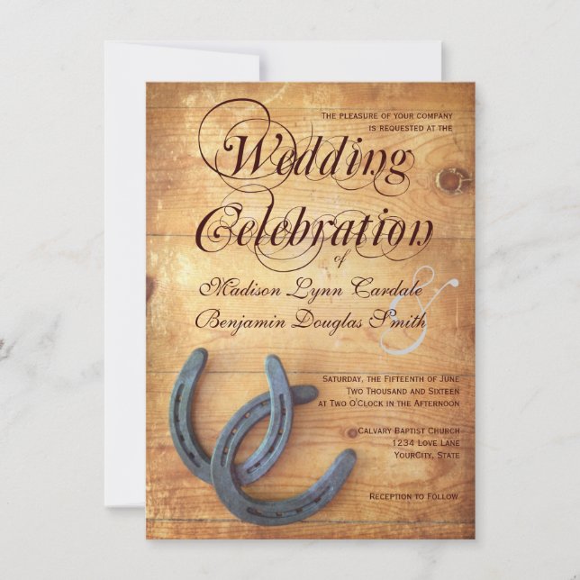 Rustic Country Horseshoes Wood Wedding Invitations (Front)