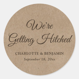 Rustic Country Kraft Getting Hitched Wedding Classic Round Sticker