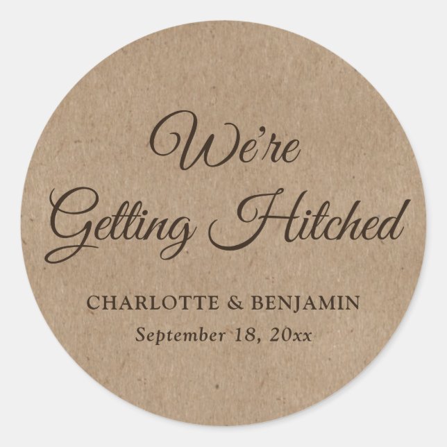 Rustic Country Kraft Getting Hitched Wedding Classic Round Sticker (Front)