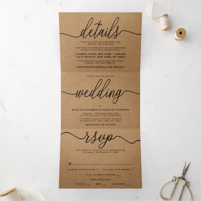 Rustic Country Kraft Simple Script Wedding Suite Tri-Fold Invitation (Inside)