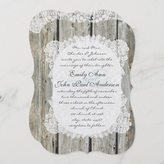 Rustic Country Lace Barn Wood Wedding Invitations (Front/Back)