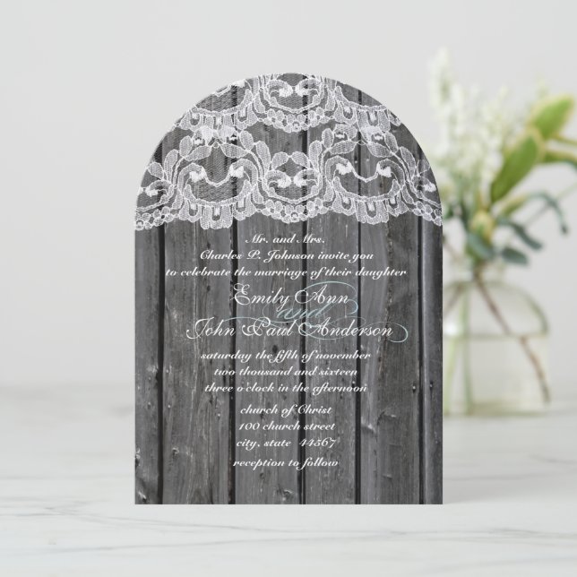 Rustic Country Lace Barn Wood Wedding Invitations (Standing Front)
