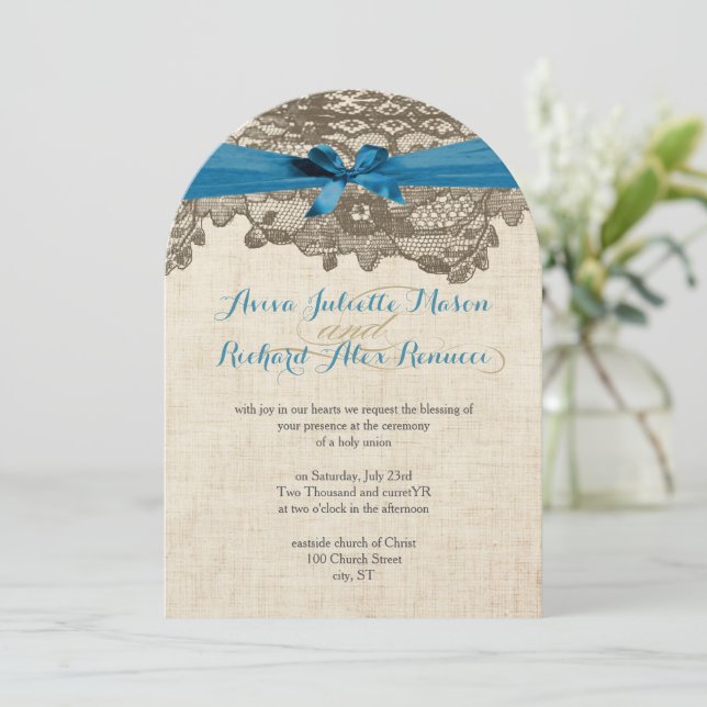 Rustic Country Lace Blue Wedding Invitation (Standing Front)