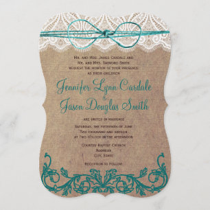 Rustic Country Lace Brown Teal Wedding Invitations