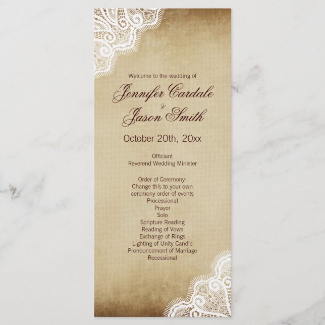 Rustic Country Lace Edge Vertical Wedding Programs (Front)