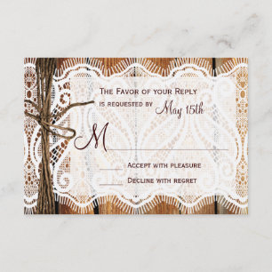 Rustic Country Lace Twine Wood Wedding RSVP Card