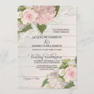 Rustic Country Lace Wood n Pink Hydrangeas Wedding Invitation