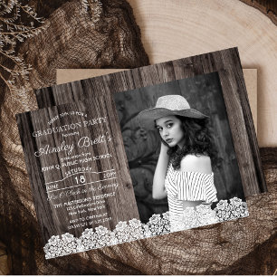 Rustic Country Lace   Wood Photo Graduation Party Invitation
