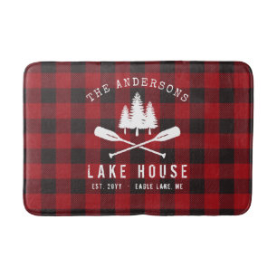 Rustic Country Lake House Tree Red Buffalo Plaid Bath Mat