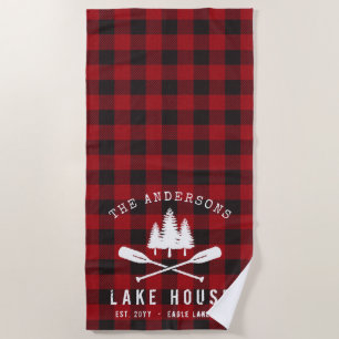 Rustic Country Lake House Tree Red Buffalo Plaid Beach Towel