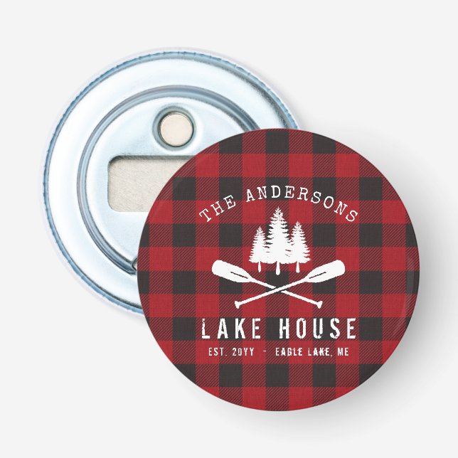 Rustic Country Lake House Tree Red Buffalo Plaid Bottle Opener (Front)