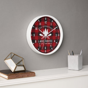 Rustic Country Lake House Tree Red Buffalo Plaid Clock