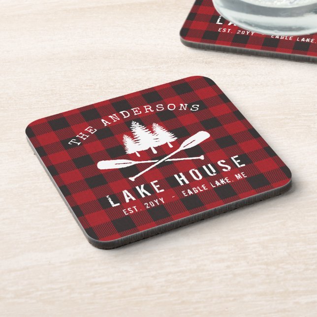 Rustic Country Lake House Tree Red Buffalo Plaid Coaster (Left Side)