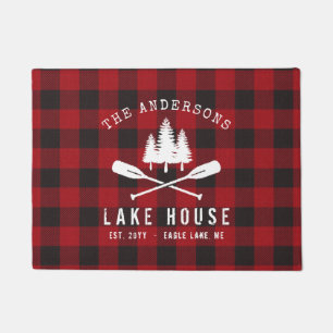 Rustic Country Lake House Tree Red Buffalo Plaid Doormat