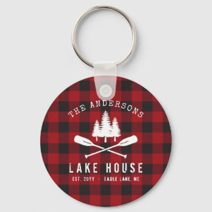 Rustic Country Lake House Tree Red Buffalo Plaid Key Ring