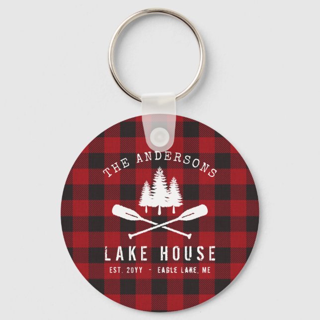 Rustic Country Lake House Tree Red Buffalo Plaid Key Ring (Front)