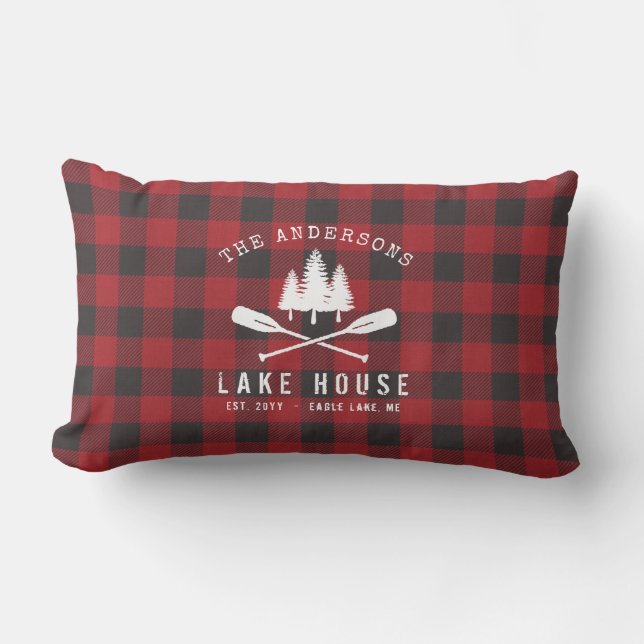 Rustic Country Lake House Tree Red Buffalo Plaid Lumbar Cushion (Front)