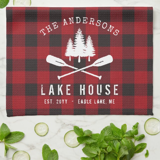 Rustic Country Lake House Tree Red Buffalo Plaid Tea Towel (Folded)