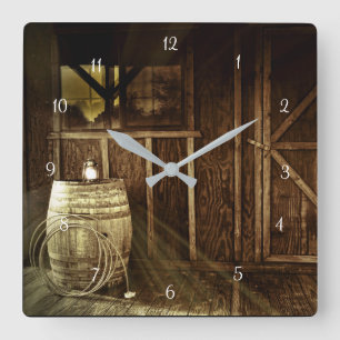 Rustic Country Lantern and Barrel Cabin Square Wall Clock