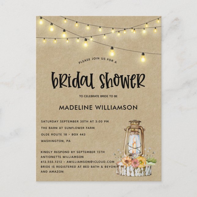Rustic Country Lantern Bridal Shower Invitation Postcard (Front)