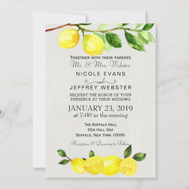 Rustic Country Lemon Summer Wedding Invitation (Front)