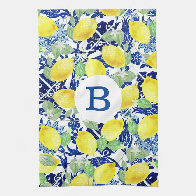 Rustic Country Lemons & Blue Floral | Monogram Tea Towel (Vertical)