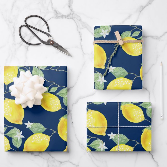 Rustic Country Lemons & Navy Blue Wrapping Paper Sheet (Front)