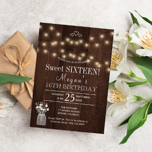 Rustic country lights barn wood sweet sixteen invitation
