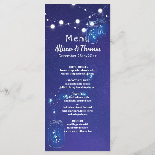 Rustic country lights mason jars fireflies Wedding Menu (Front)
