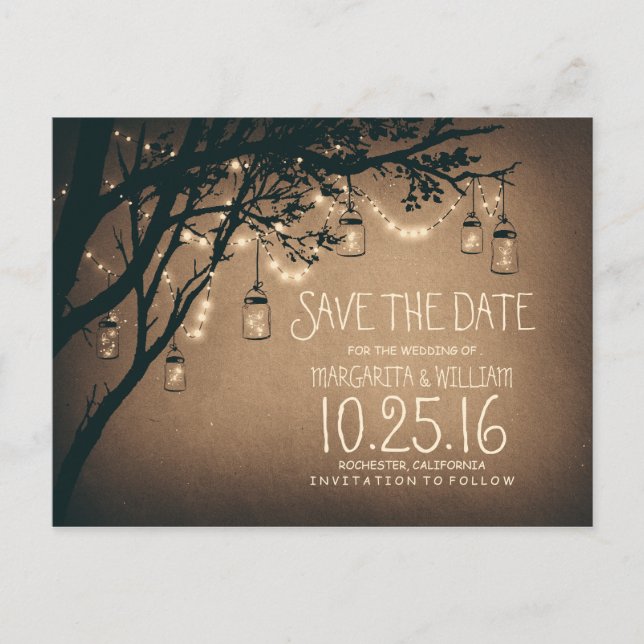 rustic country lights mason jars save the date announcement postcard (Front)