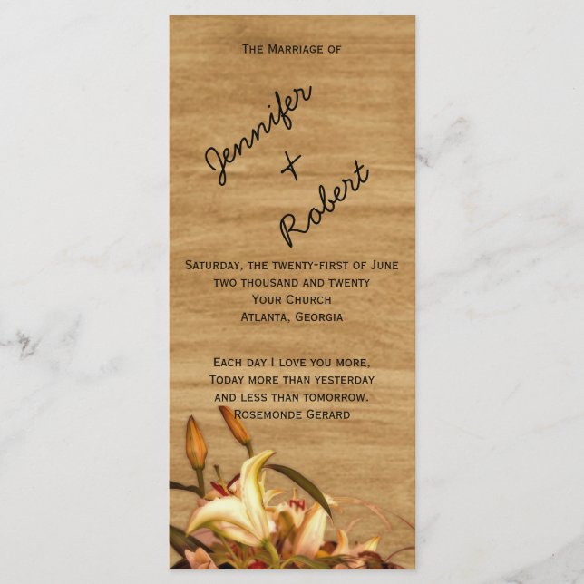 Rustic country Lily Watercolor Wedding Program (Front)