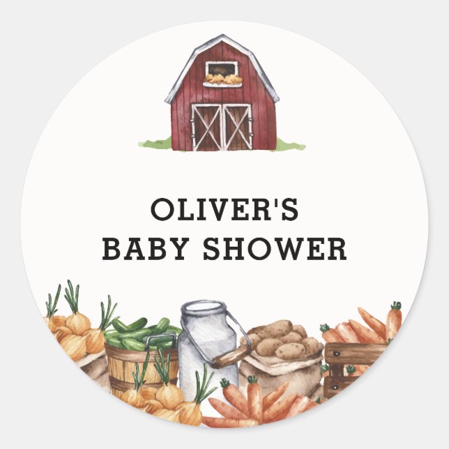 Rustic Country Locally Grown Veggie Baby Shower Classic Round Sticker (Front)