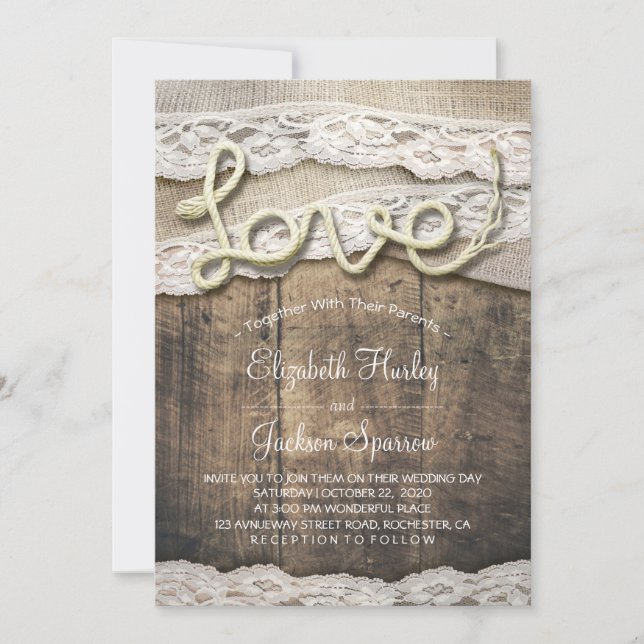 Rustic Country Love Rope Burlap Lace Barn Wedding Invitation (Front)