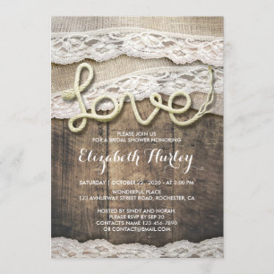 Rustic Country Love Rope Burlap Lace Bridal Shower Invitation
