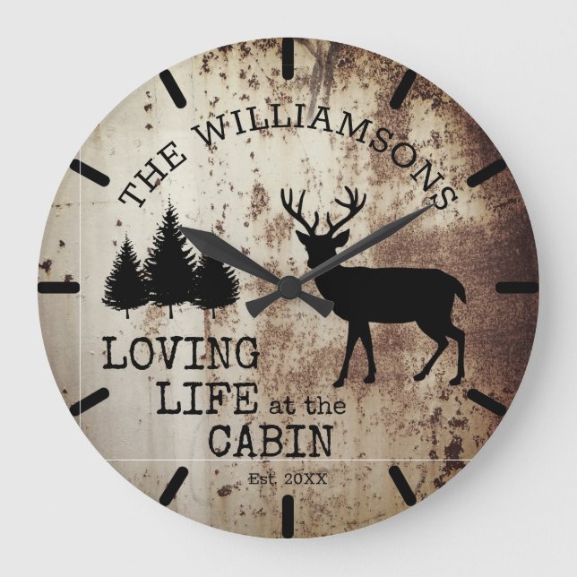 Rustic Country Loving Life at the Cabin Buck Deer Large Clock (Front)
