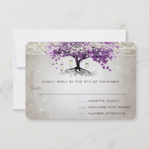 Rustic Country Luxe Purple Heart Leaf Wedding RSVP Card