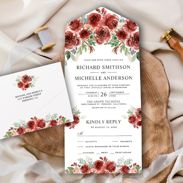 Rustic Country Marsala Floral Bloom Wedding All In One Invitation (Creator Uploaded)