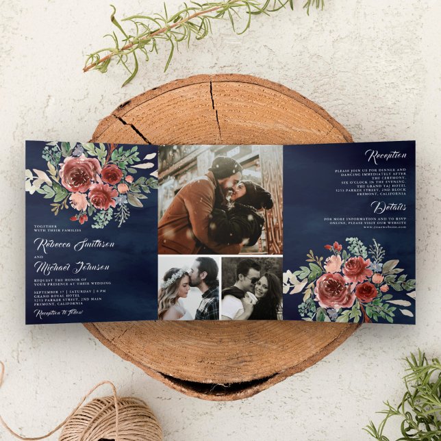 Rustic Country Marsala Floral Navy Blue Wedding Tri-Fold Invitation (Creator Uploaded)