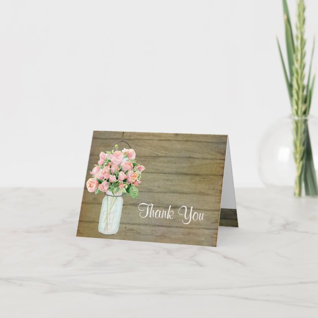 Rustic Country Mason Jar Blush Pink Roses Bouquet Thank You Card (Front)