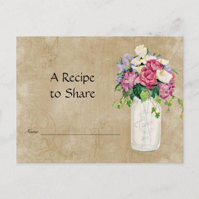 Rustic Country Mason Jar Bouquet Bridal Recipe Postcard (Front)